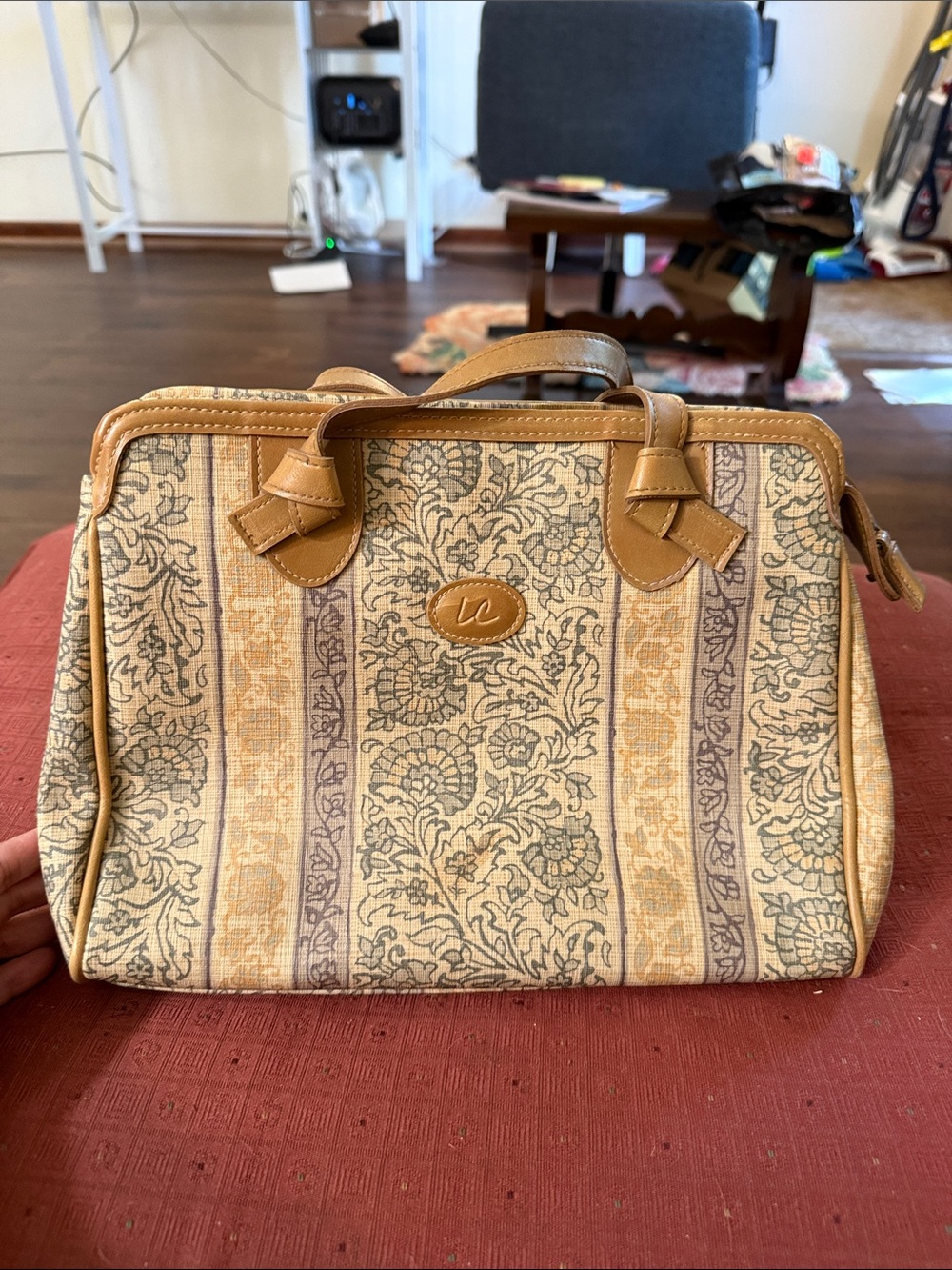 Liz Claiborne Tan and Cream Floral Stripe Satchel